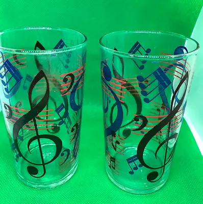 Buy Vintage 1960/70's Pair Of Glass Tumblers With Music/clefs In Thick Enamel 12 Cm • 12.50£