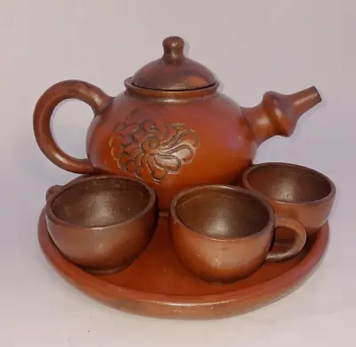 Buy Antique Pottery Clay Asian Teapot Set Of 6 • 57.31£