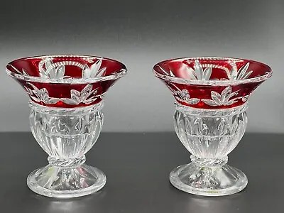 Buy Pair Of Bohemian Ruby Red Flash Cut To Clear Glass Candle Holders • 74.46£
