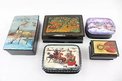 Buy USSR Lacquer Trinket Boxes Inc Vintage Hand Painted & Signed Troika Scenes X 5 • 22£