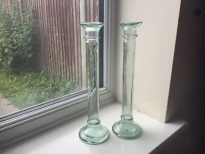 Buy Vintage Pair Of Bottle Green Recycled Glass Hollow Glass Candlesticks 11  • 4.99£