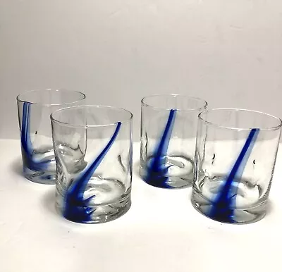 Buy 4 Cobalt Blue Ribbon Thumbnail Low Ball Rocks Old Fashioned Drinking Glasses • 32.68£