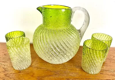 Buy Vintage Overshot Lime Green Ombre Crackle Pitcher And 4 Tumblers • 90.56£