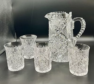 Buy Antique American Brilliant Cut Glass Sawtooth & Star Crystal Beverage Set Of (5) • 116.49£