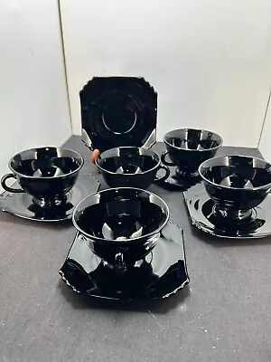 Buy Vtg Black Amethyst Depression Glass Cups/ Saucers Set Of 4 ( Free Cup) • 33.55£