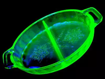 Buy Jeanette Poinsettia Uranium Green Glass Divided Nibbles Serving Bowl Dish Plate • 18.99£