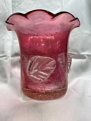 Buy Vintage Pink Cranberry Crackle Glass Vase W/ Applied Clear Glass Leaves 5 1/4”H. • 14.91£