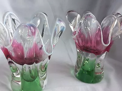 Buy Chribska Pink & Green Czech Art Glass 7” Vase Vintage 1970s By Josef Hospodka • 45£