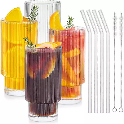 Buy 4x Ribbed Glass Cups Drinking Glasses Iced Coffee Cup Glassware Set With Straws • 14.90£