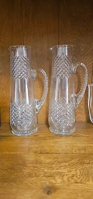 Buy Glorious Vintage Matching Pair Of Tall Slim Cut Crystal Glass Water Jugs • 1£
