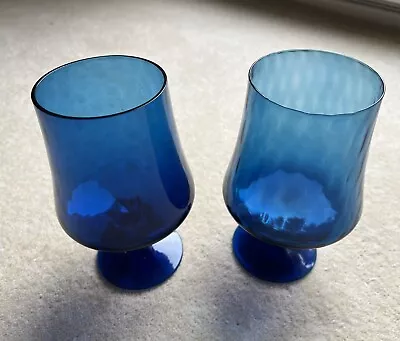 Buy Vintage Pair Of Cobalt Blue Wine / Brandy Glasses With Clear Twisted Stems • 14£