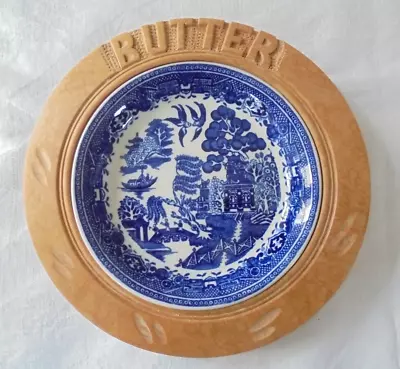 Buy Vintage Willow Pattern Butter Dish Plate In Wooden Holder Surround Royal Cauldon • 34.99£