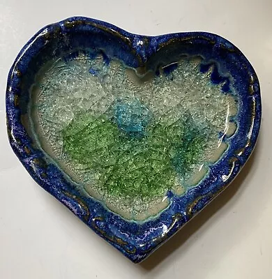 Buy Crackle Glass Geode Pottery Heart Shaped Trinket Dish Bowl Blue & Green USA 6” • 20.04£