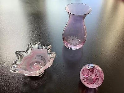 Buy 3 Pieces Pink Coloured Glass Paperweight Marked On Base. • 10£