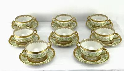 Buy Set Of 8 GDA Ch Field Haviland Limoges Soup Bouillons & Saucers - Green Floral • 181.73£