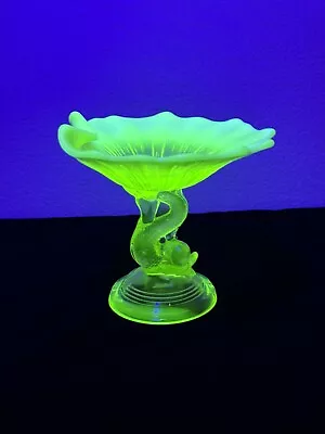 Buy Opalescent Vaseline Dolphin/Koi Compote Pedestal Bowl • 92.26£