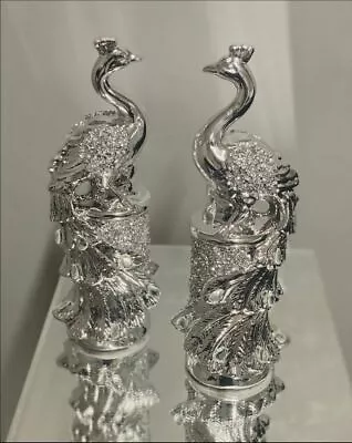 Buy  Set Of 2 Crushed Diamond Peacock Crystal Silver Shelves Display Ornament Bling • 29.99£