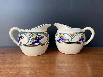 Buy Honiton Pottery Art Deco Pair Of Ceramic Hand Painted Sunrise Milk Cream Jugs • 16£