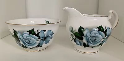 Buy Queen Anne Bone China Milk Jug & Sugar Bowl Blue Roses • 7£
