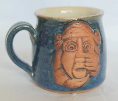 Buy Studio Pottery Mug / Cup With Rich Blue Glaze - 3d Funny Faced • 14.95£