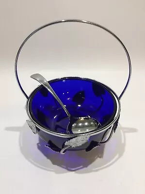 Buy Cobalt Blue Glass Condiment Dish In Ornate Stainless Chromium Plated Carrier • 5£