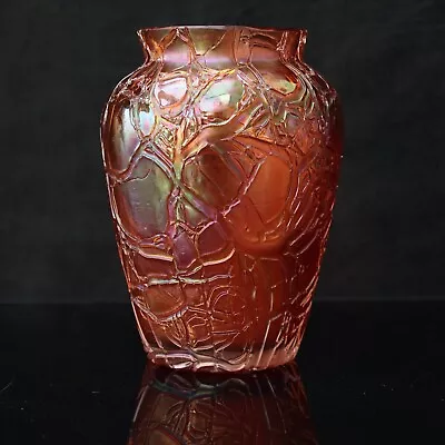 Buy Kralik Art Nouveau Crackle Glass Vase Orange Iridescence, Height 12.5cm • 80£