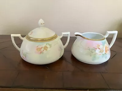 Buy Royal Bavarian China Germany Bowl Hand Painted Sugar Bowl , Creamer Pink Flower • 6.48£