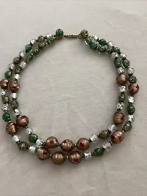 Buy Beautiful Vintage Murano Foil Crackle Glass Necklace Double Strand Choker Length • 15£