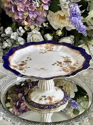 Buy Antique Hammersley (?) Cake Stand Comport Tazza Cobalt: Pink Flowers; Spray Gold • 22£