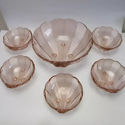 Buy Stölzle 19510 Vintage Pink Depression Glass Shell-Shaped Dessert Bowl Set Of 6 • 27.99£
