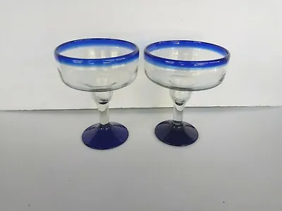 Buy Mexican Margarita Glasses Hand Blown Cobalt Blue Rims Approx. 6.5  Set Of 2 • 25.94£