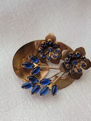 Buy 1940s-50s Blue Marquise Loaf Cabochons Brooch Pin Flower Swirled Gold Toned • 38.83£