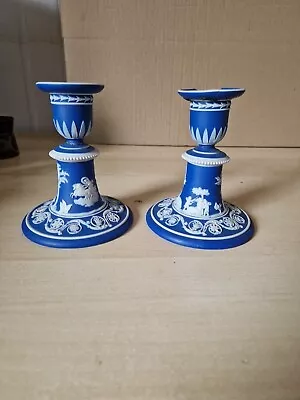 Buy Vintage Pair Dark Blue Wedgwood Jasperware Candle Sticks ( Need Repairing) • 15£