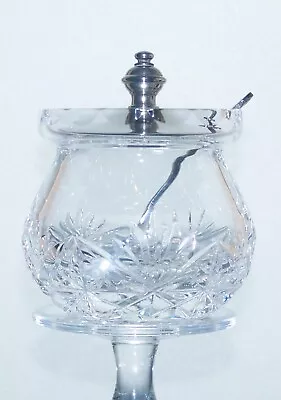 Buy Small Lead Crystal Cut Glass White Metal Lid Mustard  Honey Pot & Spoon - 6cm • 10£