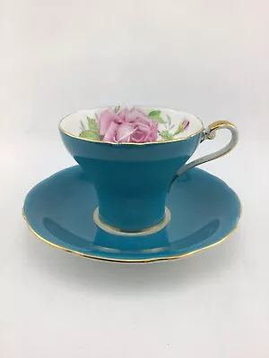Buy Antique Aynsley Corset Tea Cup And Saucer C957 Turquoise With Pink Cabbage Rose • 35.43£