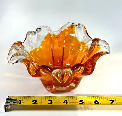 Buy Orange & Clear Scalloped Edge Hand Blown Art Glass Bowl Dish  7  X 3.5  - Read • 13.05£
