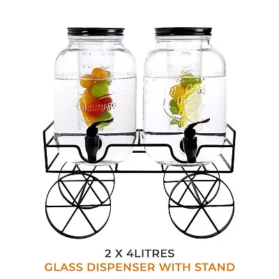 Buy 2x4 Litres Dual Double Glass Beverage Drinks Dispenser Screw Lid Jugs Tap Stand • 24.85£