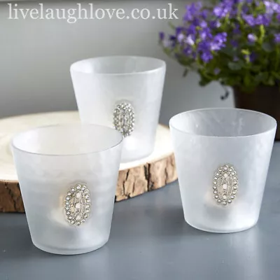 Buy Set Of 3 Large Glass Tea Light/Candle Holders With Oval Diamante Brooch • 12.95£