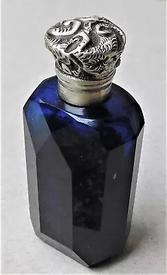 Buy NO RESERVE C1890 Blue Glass Silver Top Scent Perfume Bottle Vintage Antique • 4.99£
