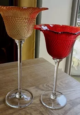 Buy Two Tall Glass Candle Holders With Decorative Red & Gold Holders. Ex Condition.  • 9.99£