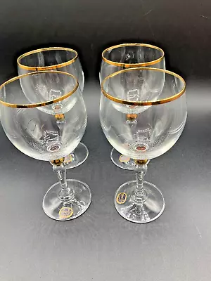 Buy Set Of 4 Vtg Bohemia Czech Republic 24K Gold Rim Wine Glasses With Stickers NICE • 41.89£