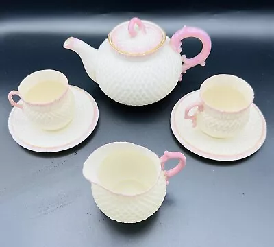 Buy Rare Black Mk Belleek Porcelain Pink Thistle Set Teapot Creamer 2 Cup Saucers • 647.69£