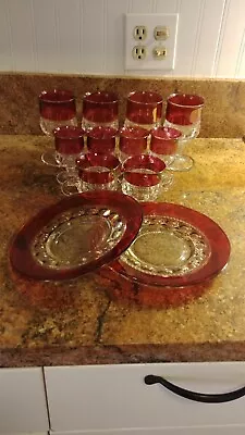 Buy Depression Glass Ruby Flashed Kings Crown 12 Pieces • 79.36£