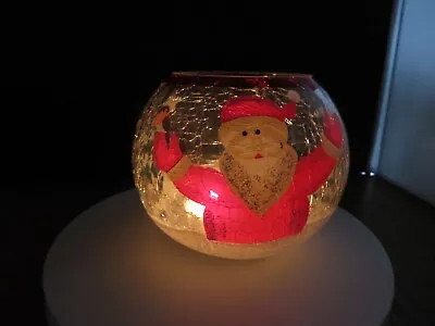 Buy New Crackle Glass Bowl Snow Covered Trees+Santa Design Holder + Tealight Candle • 9£
