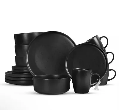 Buy 16 Piece Stoneware Dinnerware Set Kitchen Dining Set Mugs Bowls Plates, Black • 44.23£