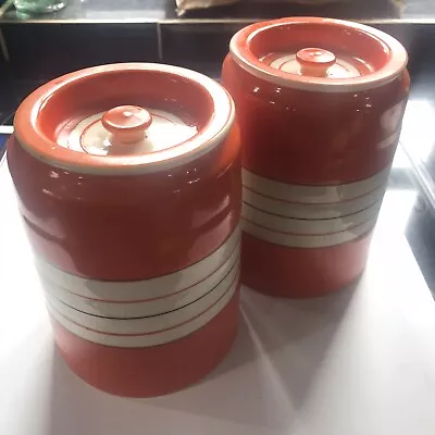 Buy PAIR Of Vintage Retro 1930’s Pottery Storage Kitchen Jars Canisters Orange White • 14.99£