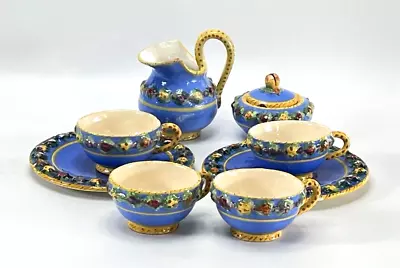 Buy Della Robbia Pottery Style Blue Floral Relief Tea Dishes Handpainted Italy 7 Pc • 60.58£