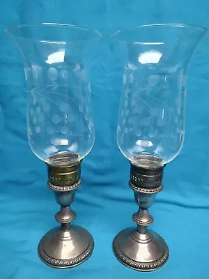 Buy Pair Of Poole Vintage Sterling Silver, Etched Glass, Hurricane Candle Lamps 299 • 67.33£