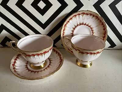 Buy Pair Of Stunning Tuscan Bone China Footed Cups & Saucers - Dusky Pink With Red  • 25£