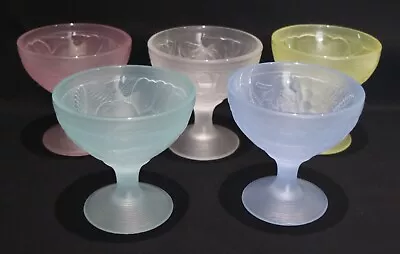 Buy Vintage French Fruit Embossed Dessert/Sundae Footed Frosted Glass Bowls X 5 • 20£